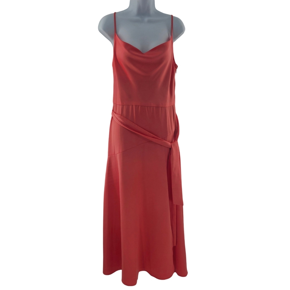 Taylor Dark Coral Satin Back Crepe Cowlneck Tie Waist Maxi Dress Womens Size 8